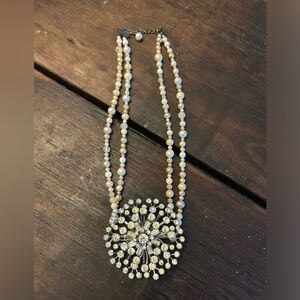 Vintage Rhinestone Brooch on Pearl and Crystal Necklace